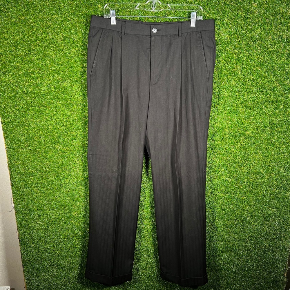 Perry Ellis Mens Classic Fit Pinstripe Dress Pants Charcoal‎ Grey 33x32 Pleated